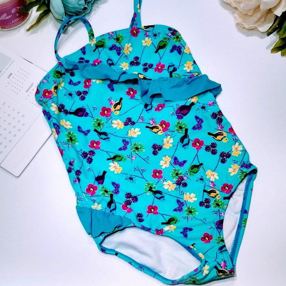 Blue Floral Swim suit toddler girl 4